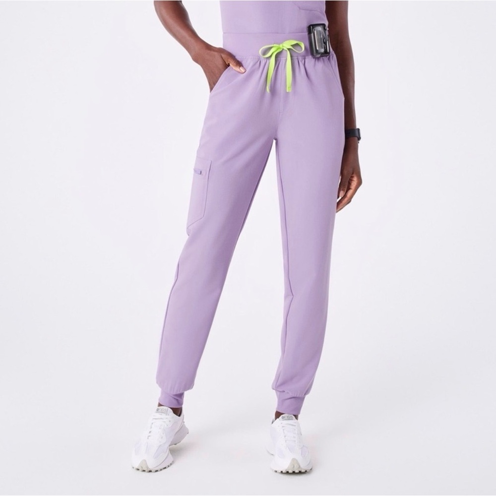 Figs Lavender Jogger Pants with Neon Green Drawstring